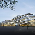 Modern Office Building With Unique Curved Design Glass Curtain Walls Surrounding Trees And Illuminated Exterior