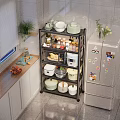 Kitchen Storage Rack With Multiple Tiers For Organizing Kitchen Items Near Refrigerator And Cabinets