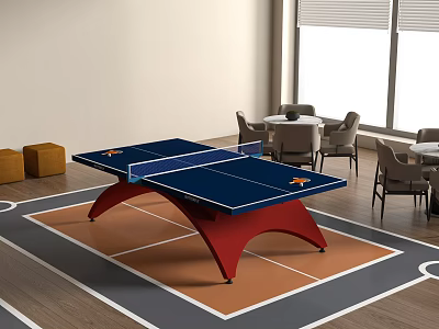 Indoor Sports Equipment Blue Ping Pong Table With Red Frame On Orange And Gray Mat 3d model