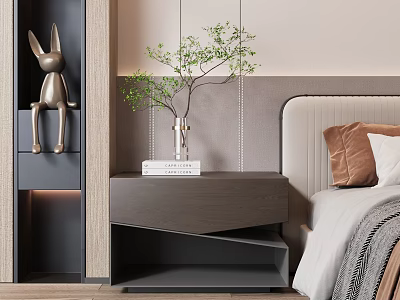 Modern Bedroom Side Cabinet With Gray Finish Decorative Rabbit Figurine Vase And Books 3d model