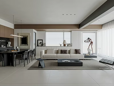 Modern Living And Dining Room Interior With Sofa Dining Table Rug And Window Blinds 3d model