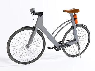 Modern Grey Bicycle With Brown Seat Black Wheels And Orange Accent 3d model