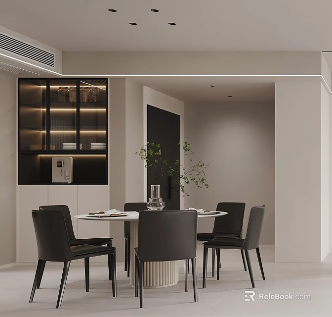 Modern Restaurant Interior With Round Dining Table Black Chairs Glass Door Cabinets And Green Plant 3d model 