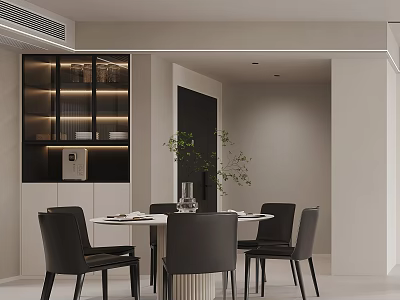 Modern Restaurant Interior With Round Dining Table Black Chairs Glass Door Cabinets And Green Plant 3d model