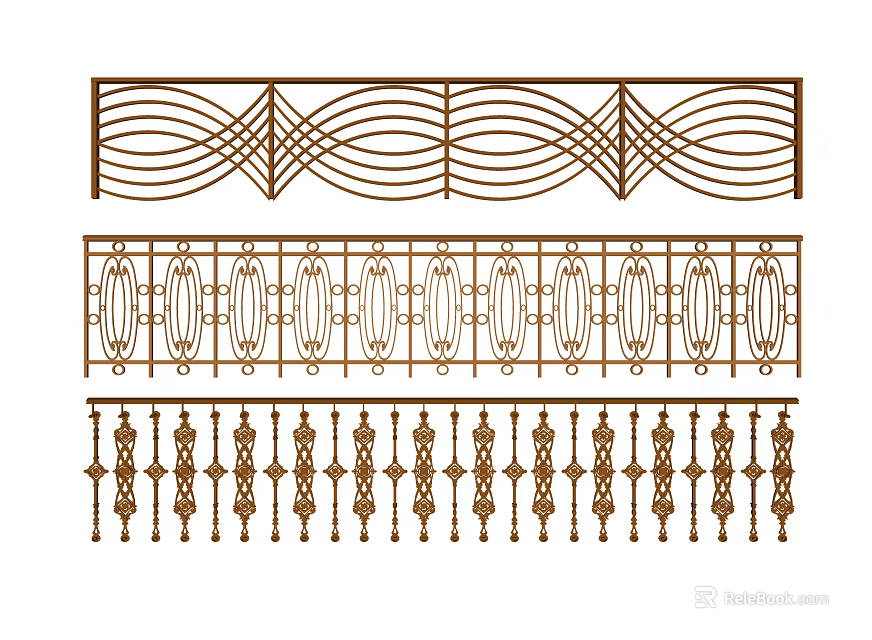Decorative Iron Railings With Ornate Wavy Lines Circular Motifs And Diamond Accents 3d model 