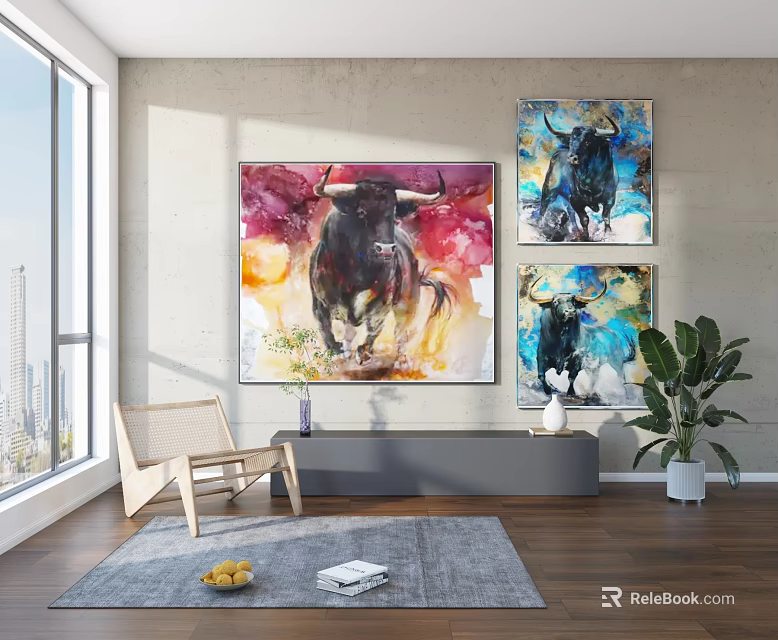Vibrant Bull Watercolor Animal Paintings For Modern Living Room Decor Wall Art 3d model 