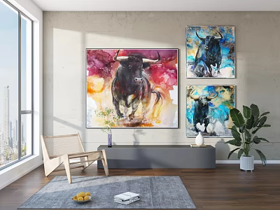 Vibrant Bull Watercolor Animal Paintings For Modern Living Room Decor Wall Art 3d model