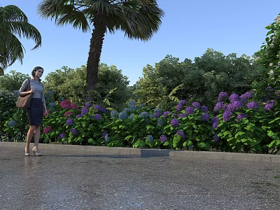 Woman Standing By Palm Tree With Purple Hydrangeas Green Plants And Blue Sky 3d model