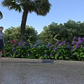 Woman Standing By Palm Tree With Purple Hydrangeas Green Plants And Blue Sky