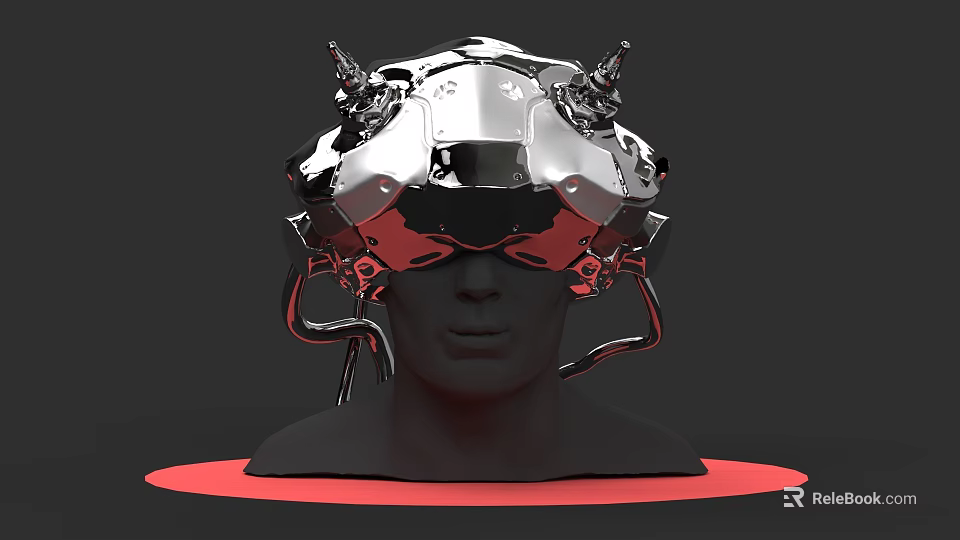 Futuristic Mechanical Helmet Weapon With Silver Red Metallic Finish 3D Rendered On Head Model 3d model 