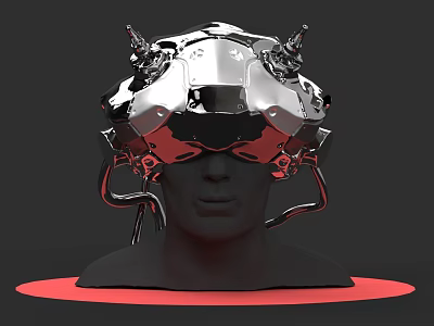 Futuristic Mechanical Helmet Weapon With Silver Red Metallic Finish 3D Rendered On Head Model 3d model