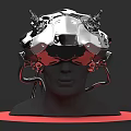 Futuristic Mechanical Helmet Weapon With Silver Red Metallic Finish 3D Rendered On Head Model