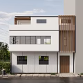 Modern Two Story Building With White Exterior Large Glass Windows Wooden Accents And Greenery