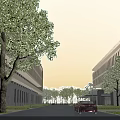 Modern Office Building Complex With Trees Road And Red Car In Landscaped Area