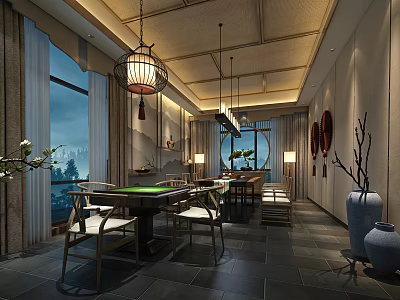 Elegant Chinese Style Hotel Mahjong Room With Billiard Table And Wooden Ceiling 3d model