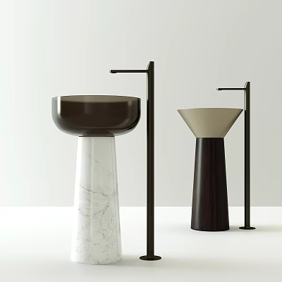 Modern Double Washbasin Design With Marble And Wooden Pedestals And Black Faucets 3d model