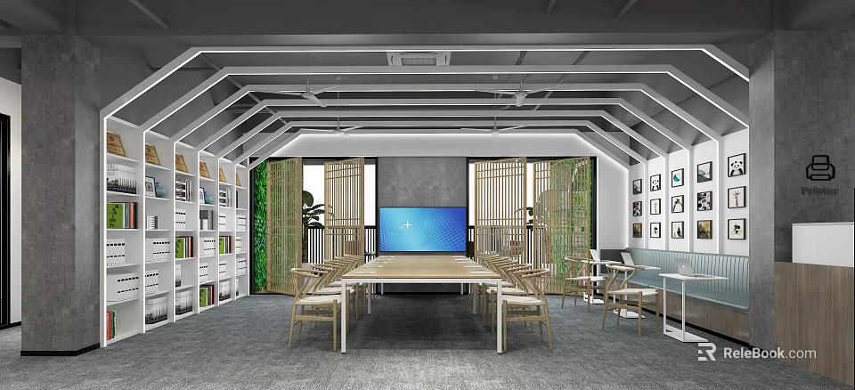 Modern Conference Room With Long Wooden Table Chairs Large Screen Bamboo Partitions And Green Plants 3d model 