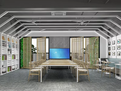 Modern Conference Room With Long Wooden Table Chairs Large Screen Bamboo Partitions And Green Plants 3d model