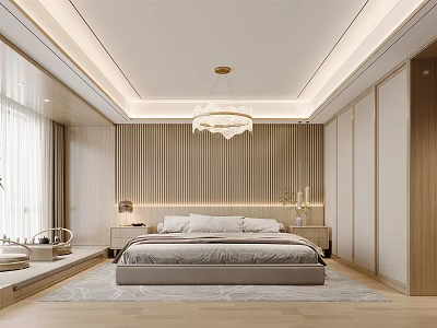Modern Bedroom Interior Design With Wooden Striped Wall Gray Bed Nightstands Table Lamps And Chandelier 3d model