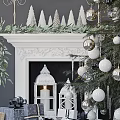 Christmas Tree Decorated With Silver And White Balls Near Fireplace With Wreath Candles And Lanterns