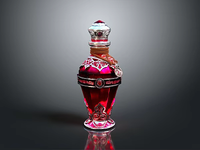 Elegant Red Crystal Perfume Bottle With Ornate Cap And Intricate Patterns 3d model