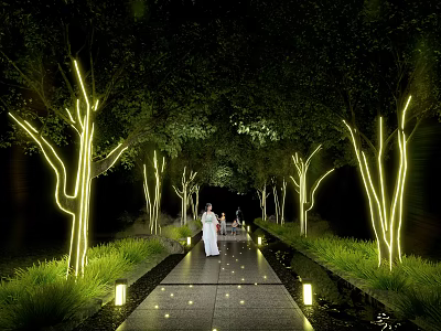 Yellow Decorative Lights Wrapped Around Trees Along Night Scenic Pathway With Greenery And Ground Lights 3d model