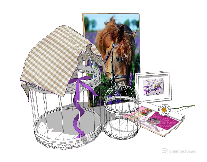 Decorative Ornament Set With Birdcages Checkered Cloth Purple Ribbon Horse Photo Frame Book And Daisy 3d model 