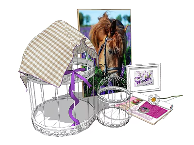 Decorative Ornament Set With Birdcages Checkered Cloth Purple Ribbon Horse Photo Frame Book And Daisy 3d model