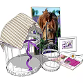Decorative Ornament Set With Birdcages Checkered Cloth Purple Ribbon Horse Photo Frame Book And Daisy