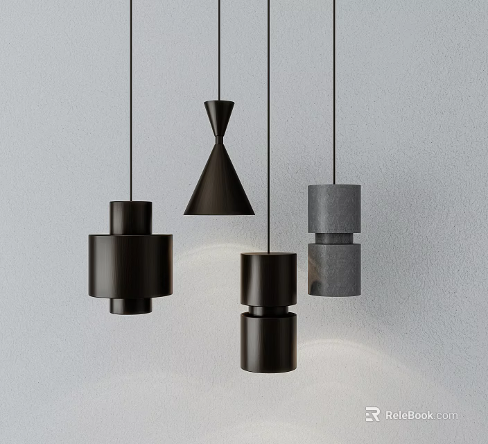 Modern Minimalist Pendant Lights Design With Black Gray Geometric Cylindrical And Triangular Shapes 3d model