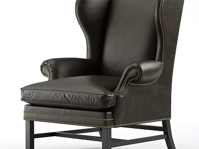Dark Leather Leisure Chair With High Back Armrests Wooden Legs And Stitching Details 3d model