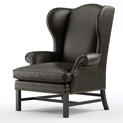 Dark Leather Leisure Chair With High Back Armrests Wooden Legs And Stitching Details 3d model