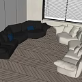 Modern Living Room With Dark And Light Curved Sofas On Herringbone Wooden Floor