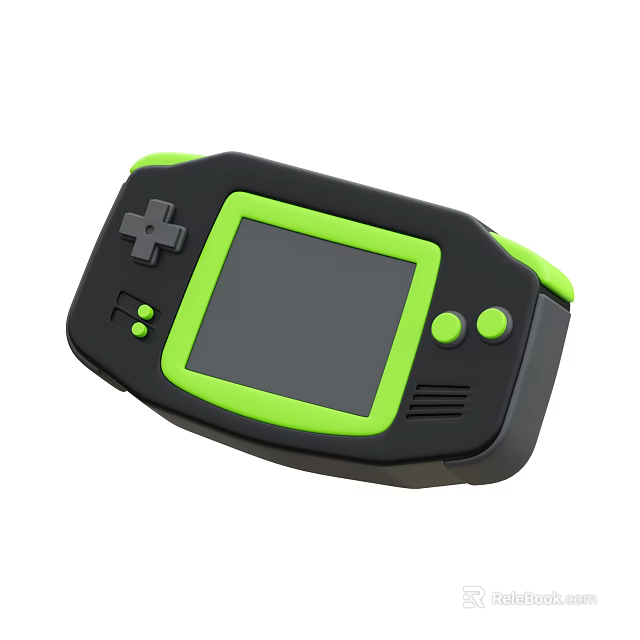 Black and Green Handheld Game Console With Screen Cross Shaped Button And Circular Buttons 3d model