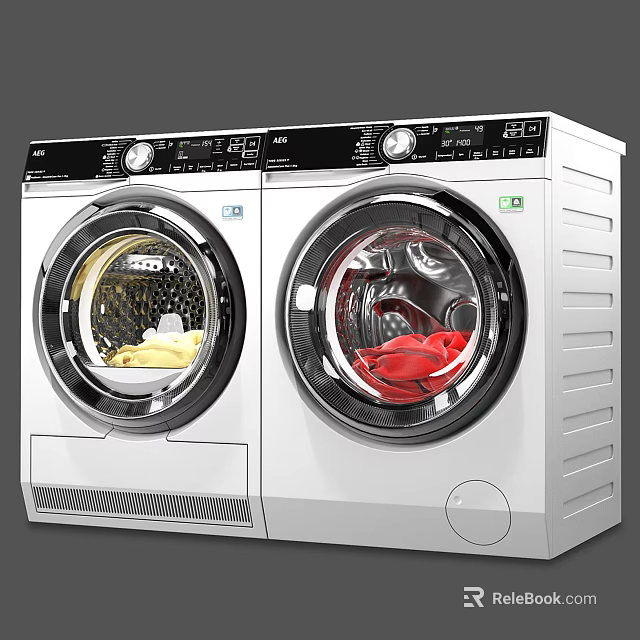 Two Front Load Washing Machines with Clothes Inside White Body Black Panel 3d model 