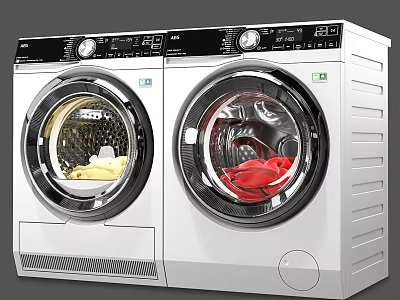 Two Front Load Washing Machines with Clothes Inside White Body Black Panel 3d model