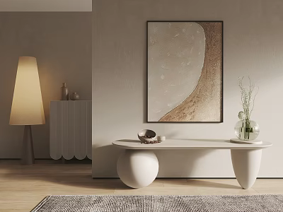 Abstract Painting Hanging on Light Colored Wall with White Bench and Floor Lamp 3d model