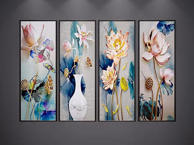 Colorful Decorative Botanical Paintings Featuring Lotus Flowers Butterflies And White Vase For Home Wall Art 3d model