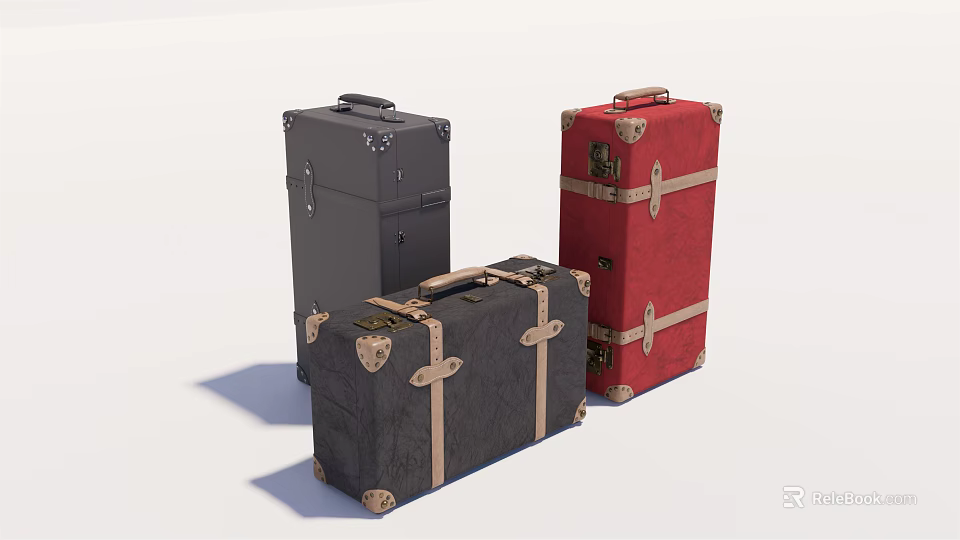 Vintage Style Luggage Set with Black Red and Dark Gray Suitcases 3d model 