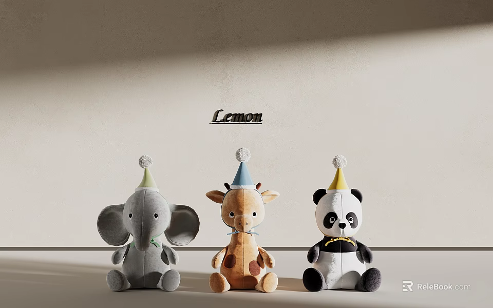Adorable Soft Plush Elephant Giraffe Panda Stuffed Toys with Party Hats 3d model 