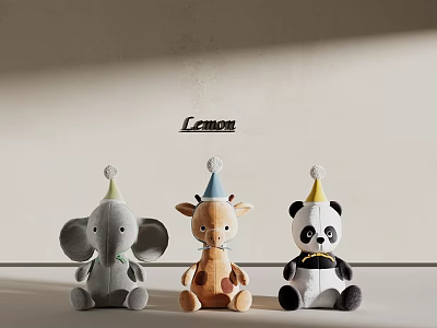 Adorable Soft Plush Elephant Giraffe Panda Stuffed Toys with Party Hats 3d model