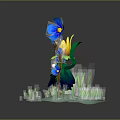 Flower Fairy Character Wearing Green Dress Holding Blue Yellow Flowers Standing On Grass Wetland