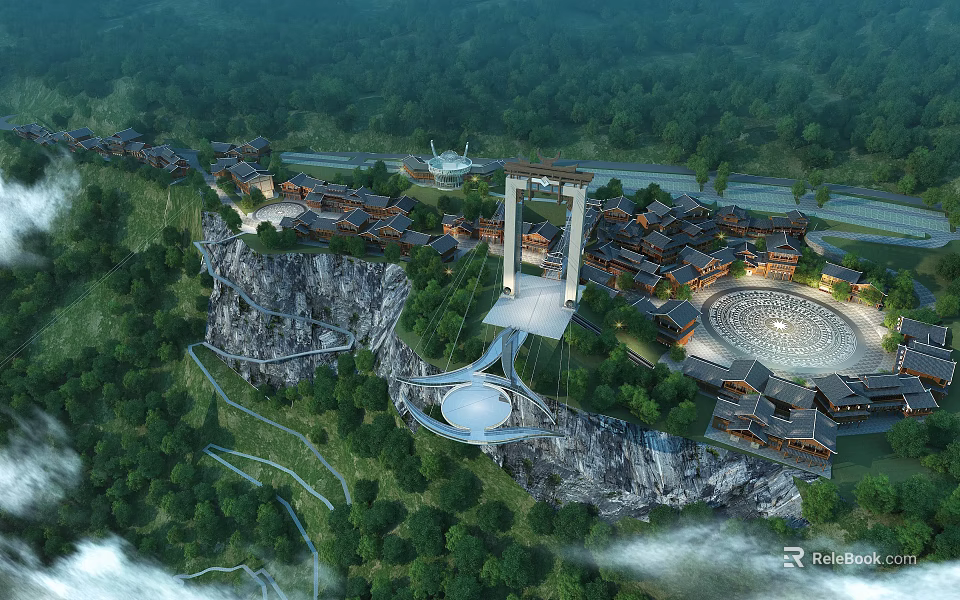 Ancient Architectural Complex In Mountainous Landscape With Traditional Structures And Suspension Bridge 3d model 