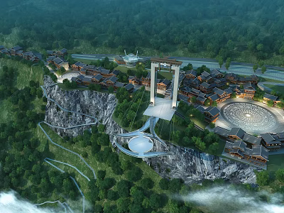 Ancient Architectural Complex In Mountainous Landscape With Traditional Structures And Suspension Bridge 3d model