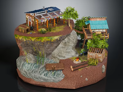 Cartoon Cliffside Scene With Small Houses Green Trees Stream Campfire And Wooden Bridge 3d model