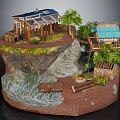 Cartoon Cliffside Scene With Small Houses Green Trees Stream Campfire And Wooden Bridge