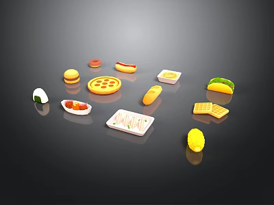 Various Assorted Food Items Including Hamburger Pizza Hot Dog Sushi And More On Black Background 3d model
