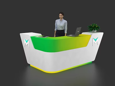 Modern Reception Desk with White Green Yellow Gradient Surface and Laptop Potted Plant 3d model