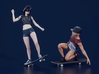 Two People Engaged In Skateboarding On Skateboards Against Dark Background 3d model