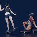 Two People Engaged In Skateboarding On Skateboards Against Dark Background